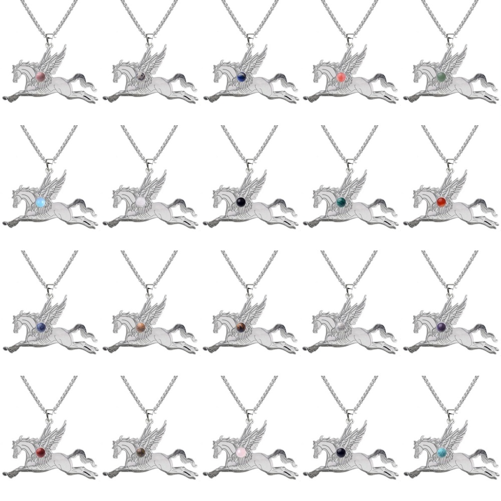 Natural Gemstone Cabochons Stainless Steel Pegasus & Flying Horse Pendant Necklace with 50CM Chain
