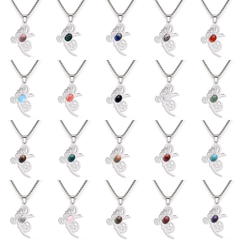 Moon Flower Stainless Steel Necklace  Natural GemstoneCabs Pendant With 50CM Chain