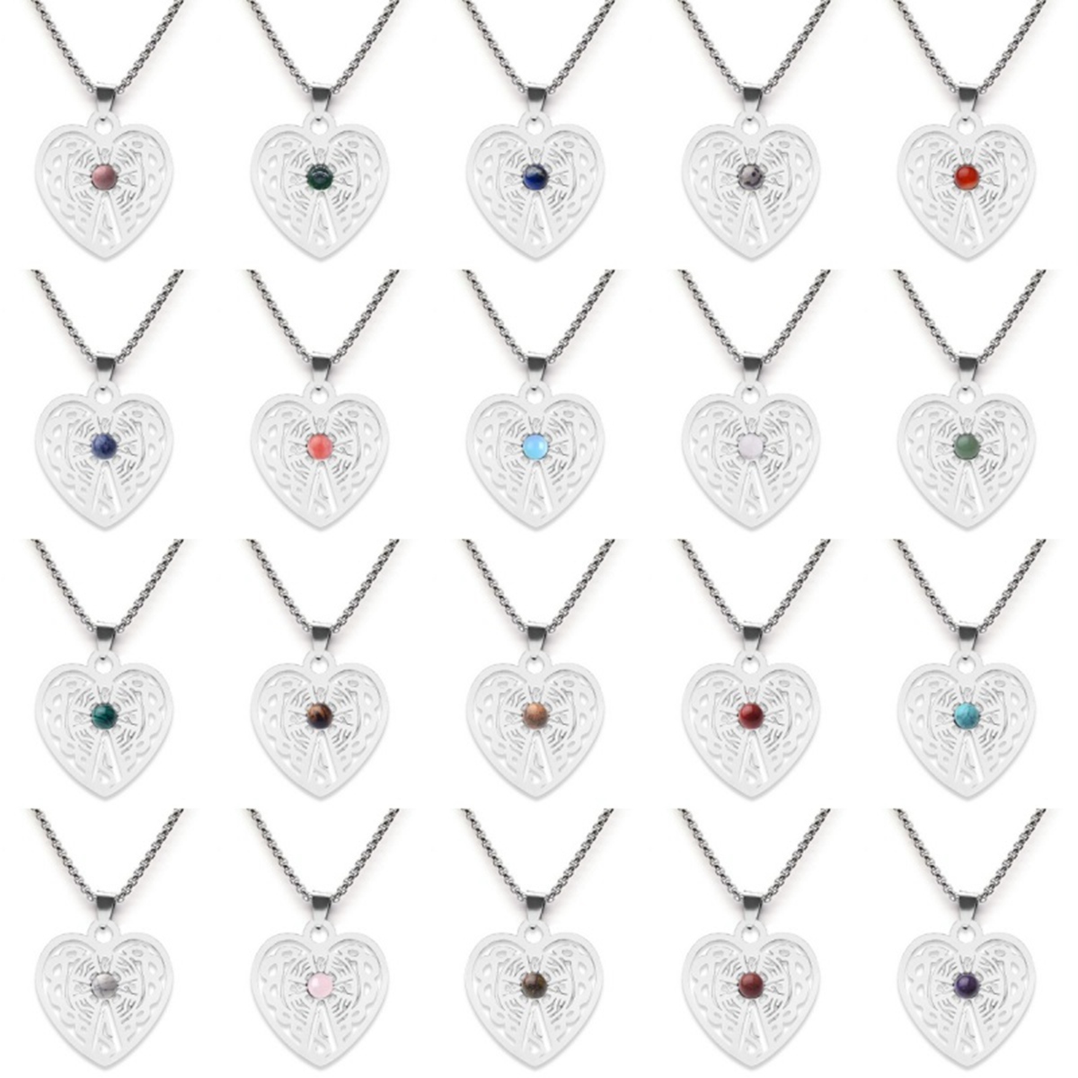 Heart Stainless Steel Necklace  Natural Gemstone Cabs Pendant With 50CM Chain