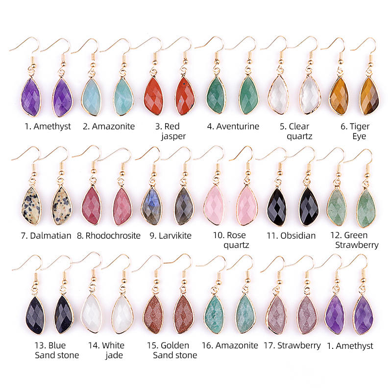 Faceted Teardrop Charms Drop Earrings for Women Girls Natural Stone Pendant Wrapped Gold