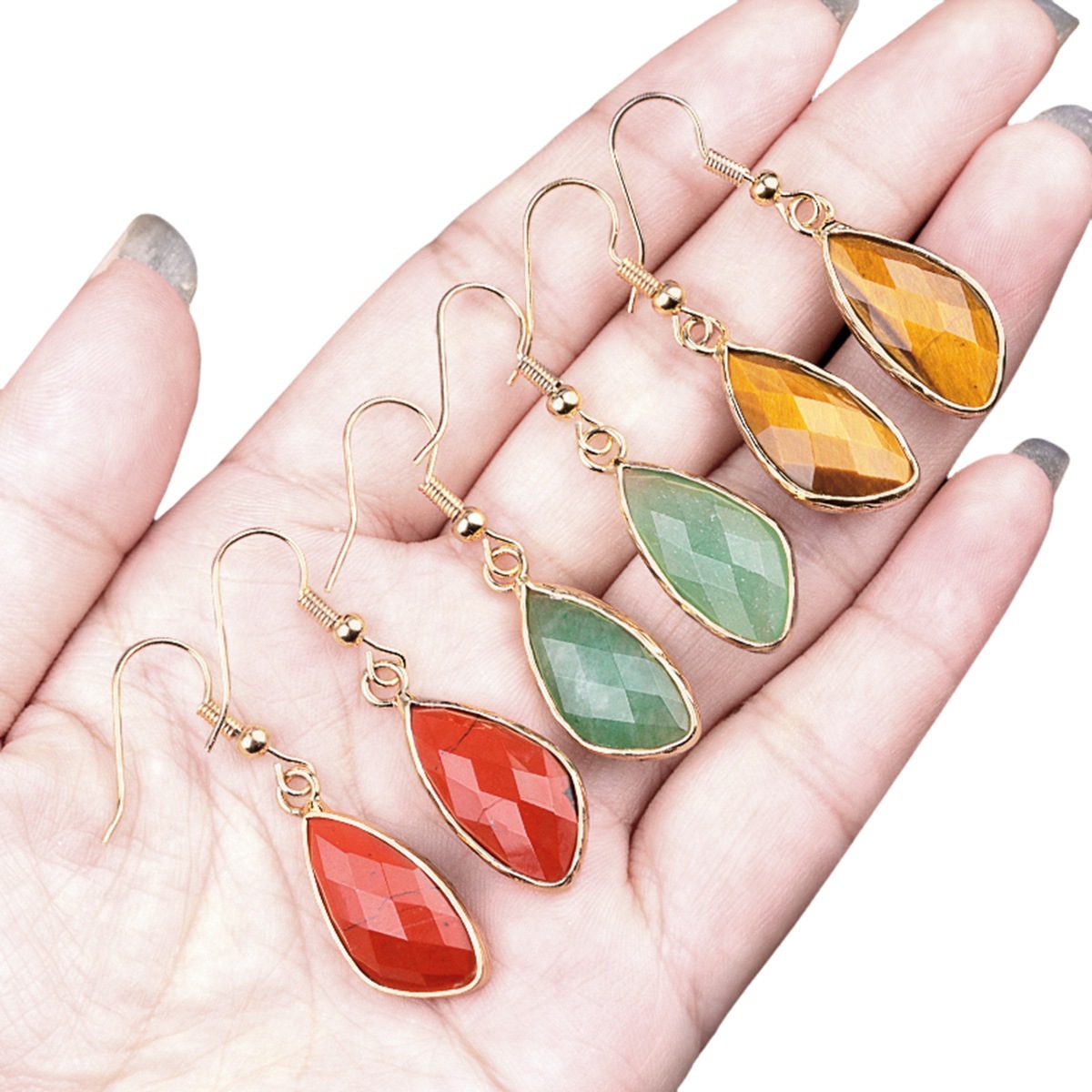 Faceted Teardrop Charms Drop Earrings for Women Girls Natural Stone Pendant Wrapped Gold