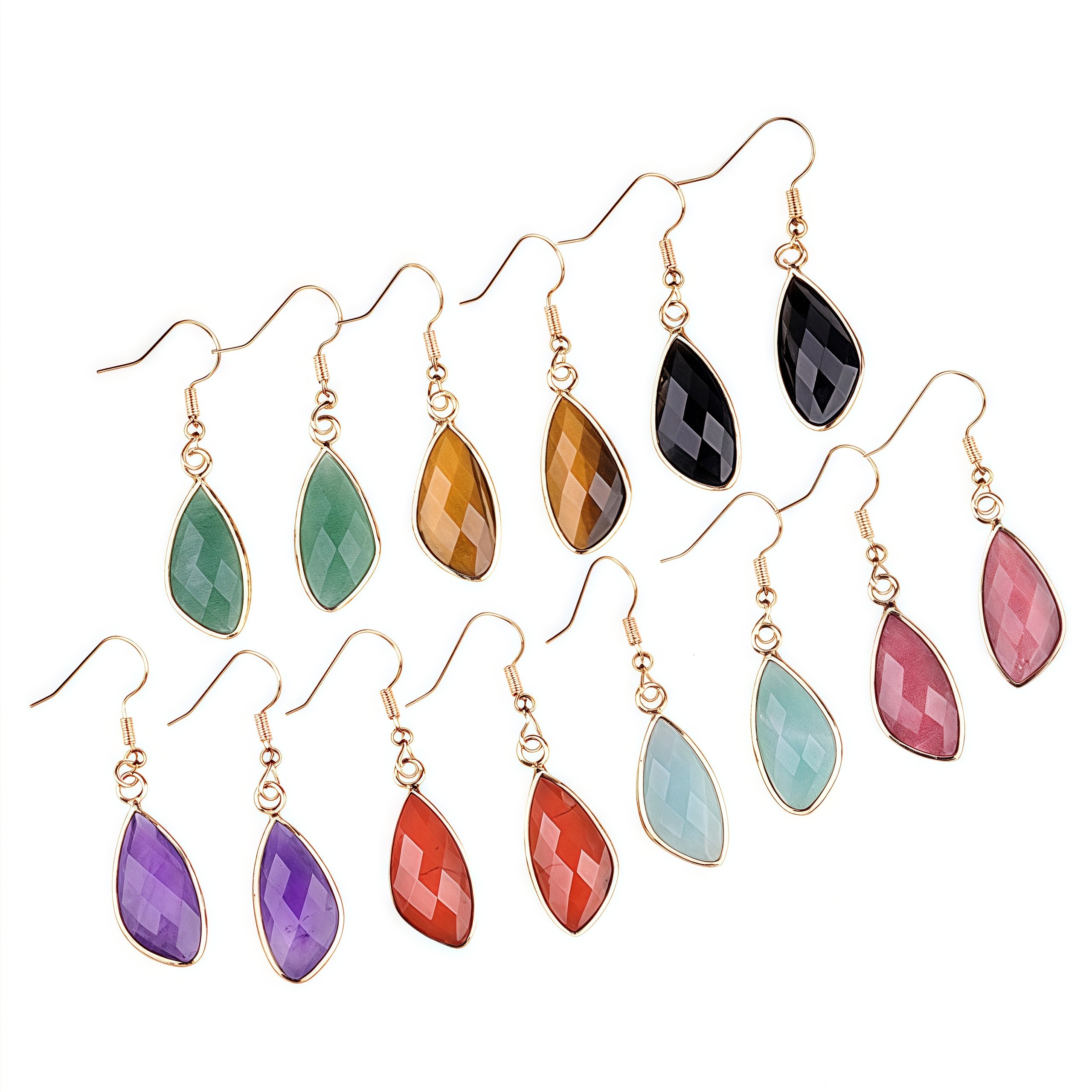 Faceted Teardrop Charms Drop Earrings for Women Girls Natural Stone Pendant Wrapped Gold