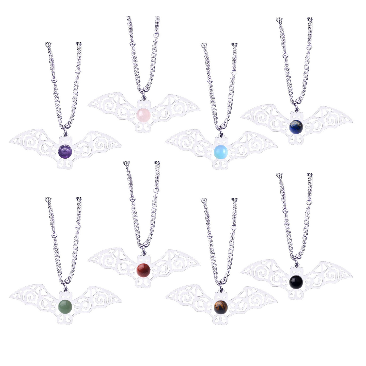 Natural Gemstone Cabochons Stainless Steel Bat Goddess Talisman Pendant Necklace with 50CM Chain