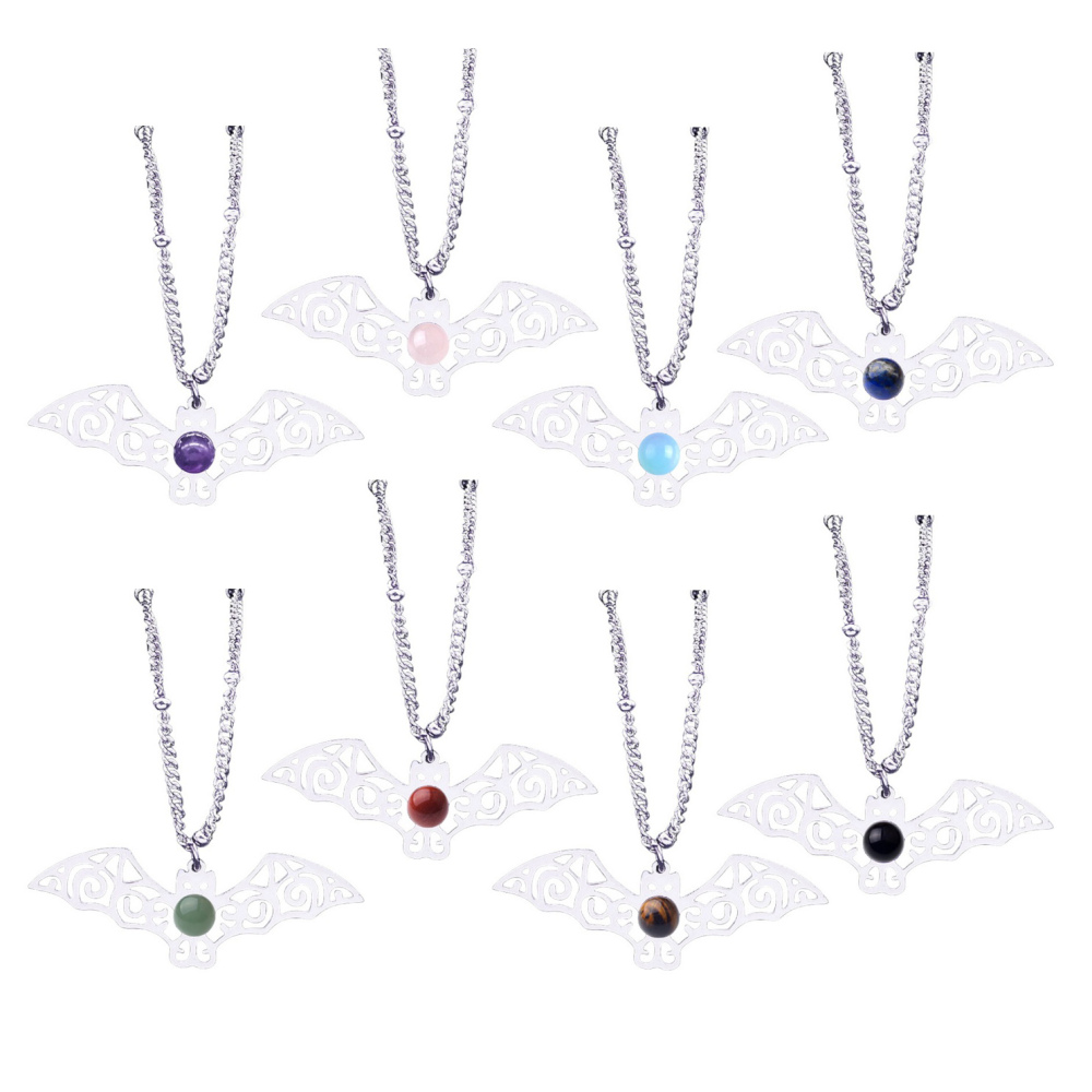 Natural Gemstone Cabochons Stainless Steel Bat Goddess Talisman Pendant Necklace with 50CM Chain