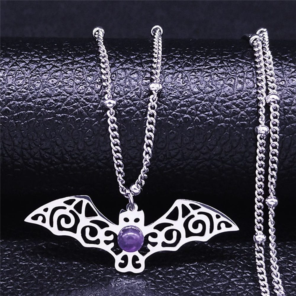 Natural Gemstone Cabochons Stainless Steel Bat Goddess Talisman Pendant Necklace with 50CM Chain