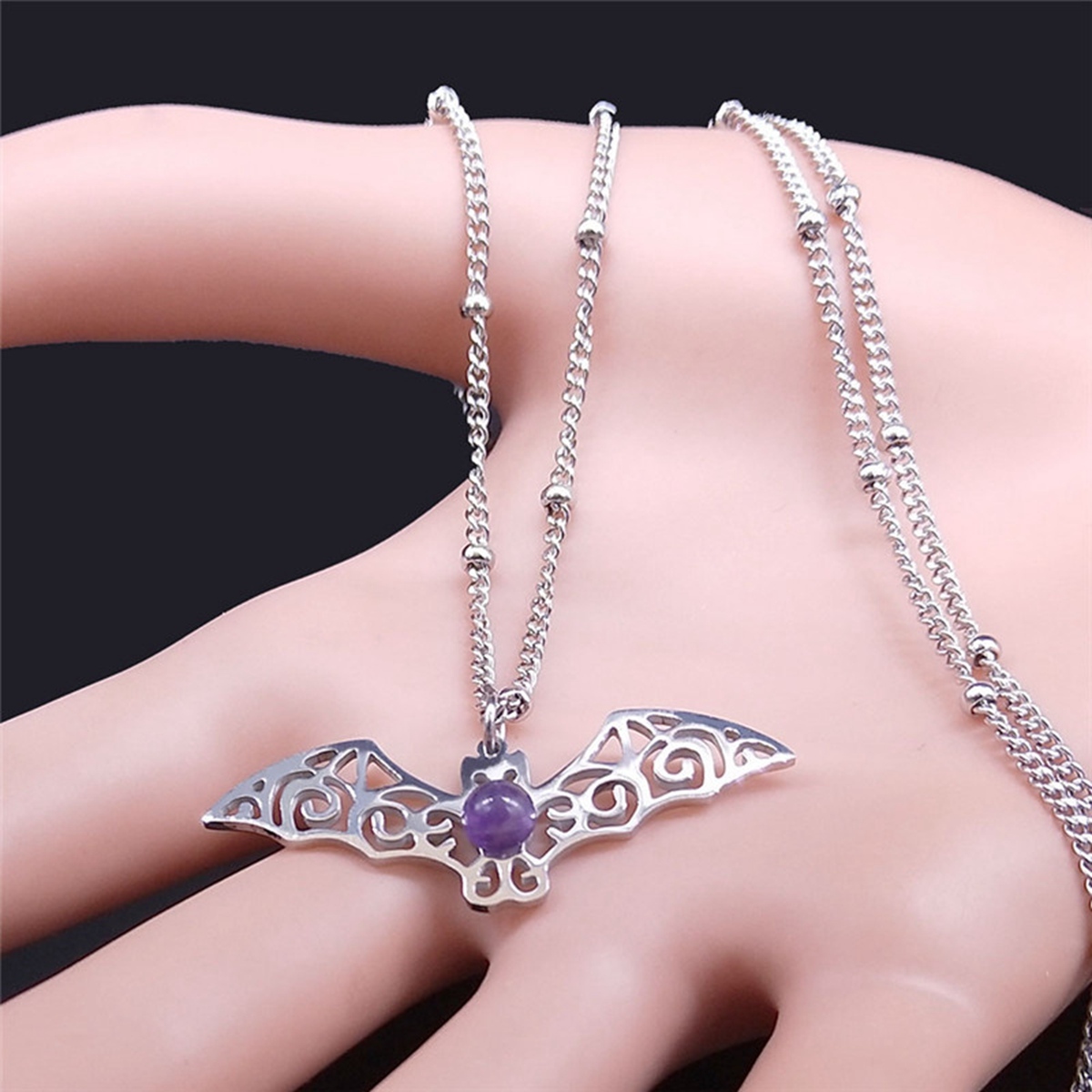 Natural Gemstone Cabochons Stainless Steel Bat Goddess Talisman Pendant Necklace with 50CM Chain