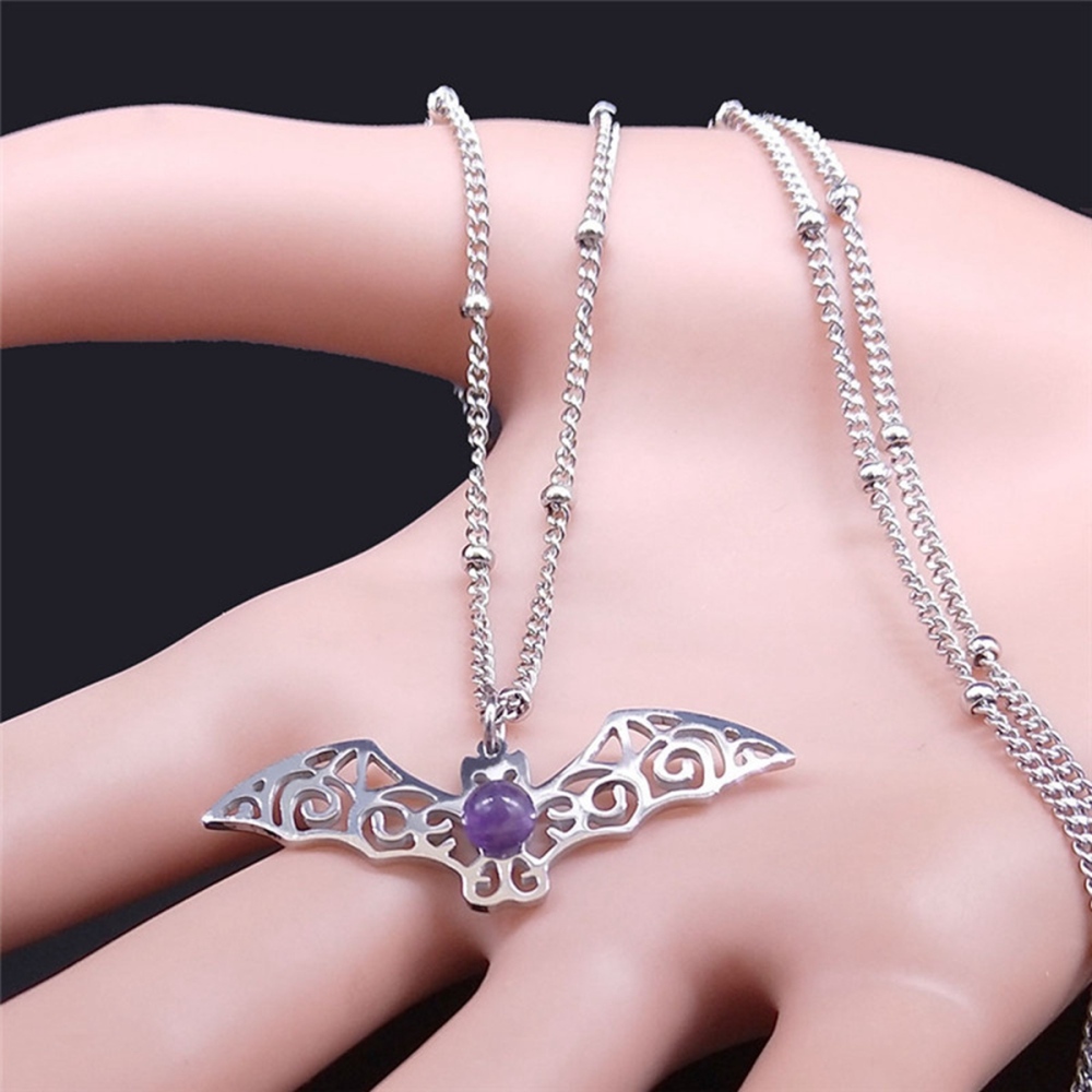 Natural Gemstone Cabochons Stainless Steel Bat Goddess Talisman Pendant Necklace with 50CM Chain
