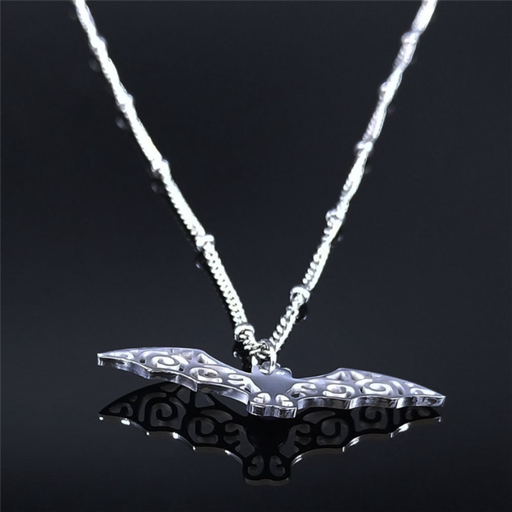 Natural Gemstone Cabochons Stainless Steel Bat Goddess Talisman Pendant Necklace with 50CM Chain