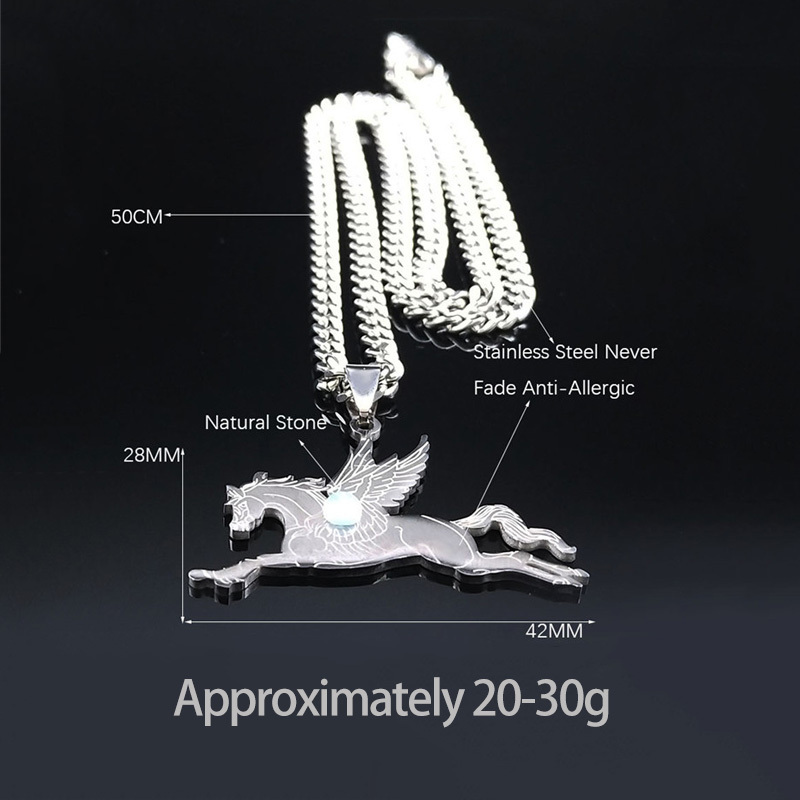 Natural Gemstone Cabochons Stainless Steel Pegasus & Flying Horse Pendant Necklace with 50CM Chain