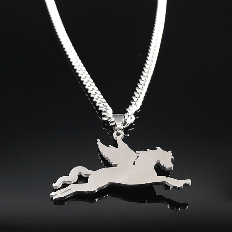 Natural Gemstone Cabochons Stainless Steel Pegasus & Flying Horse Pendant Necklace with 50CM Chain