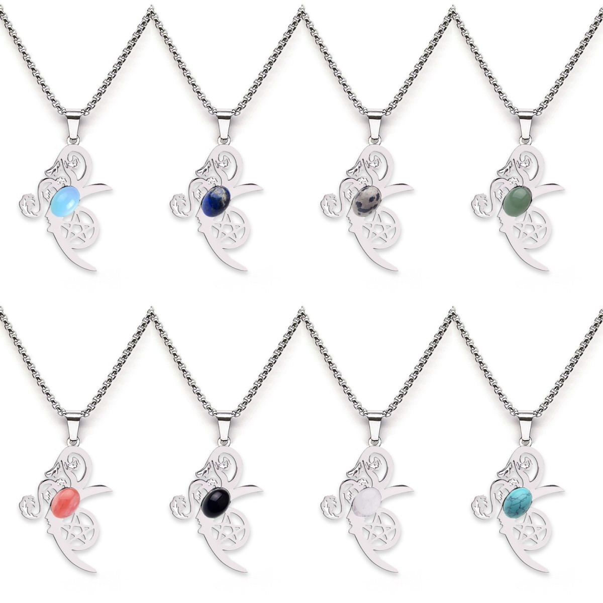 Moon Flower Stainless Steel Necklace  Natural GemstoneCabs Pendant With 50CM Chain