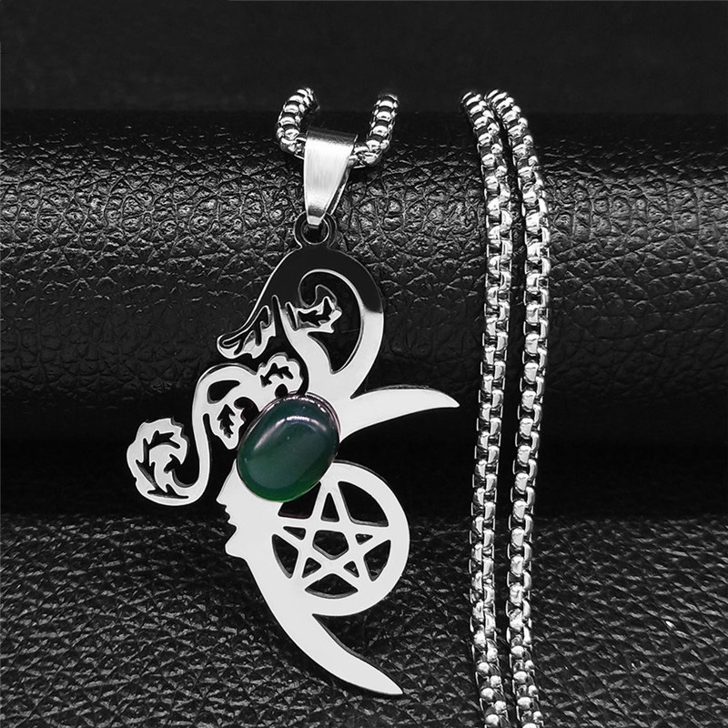 Moon Flower Stainless Steel Necklace  Natural GemstoneCabs Pendant With 50CM Chain