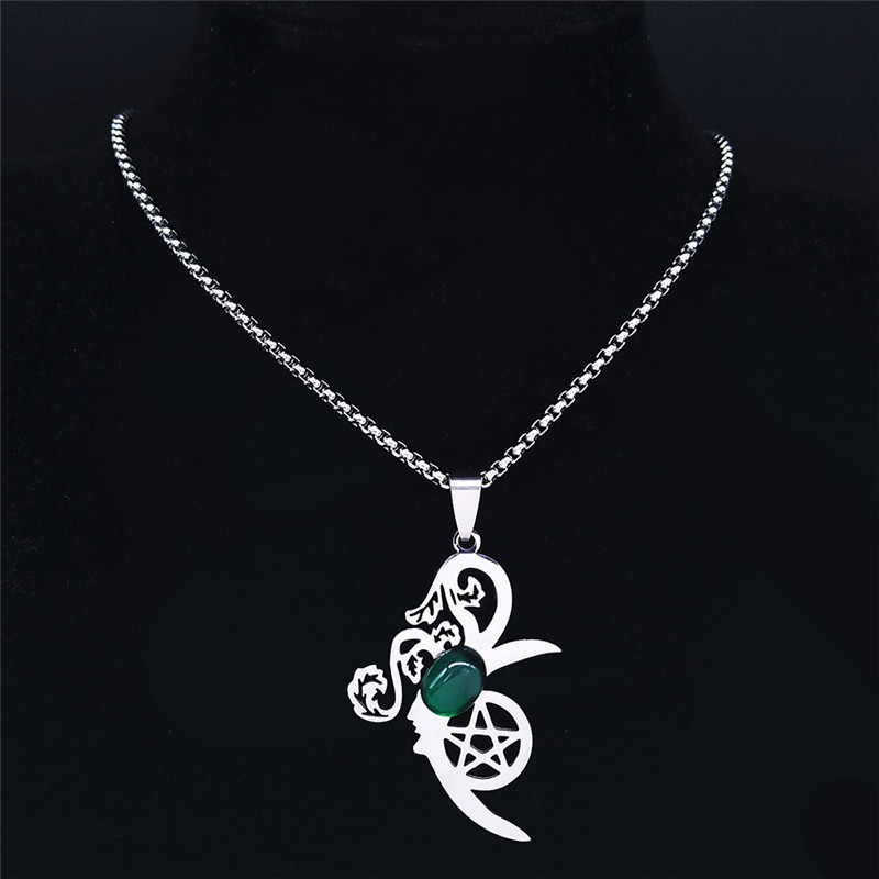 Moon Flower Stainless Steel Necklace  Natural GemstoneCabs Pendant With 50CM Chain