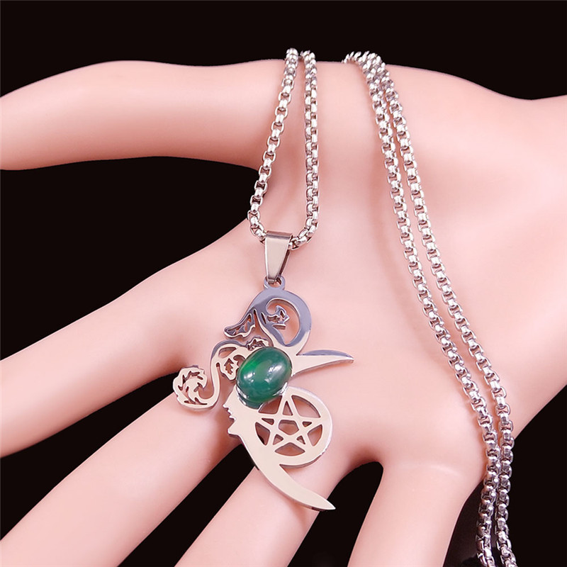 Moon Flower Stainless Steel Necklace  Natural GemstoneCabs Pendant With 50CM Chain