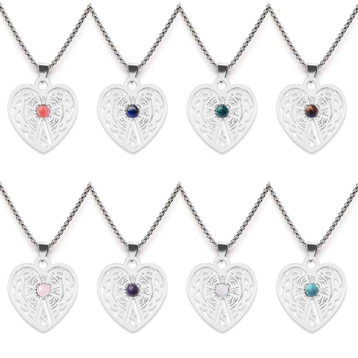 Heart Stainless Steel Necklace  Natural Gemstone Cabs Pendant With 50CM Chain