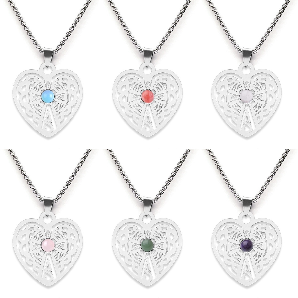 Heart Stainless Steel Necklace  Natural Gemstone Cabs Pendant With 50CM Chain