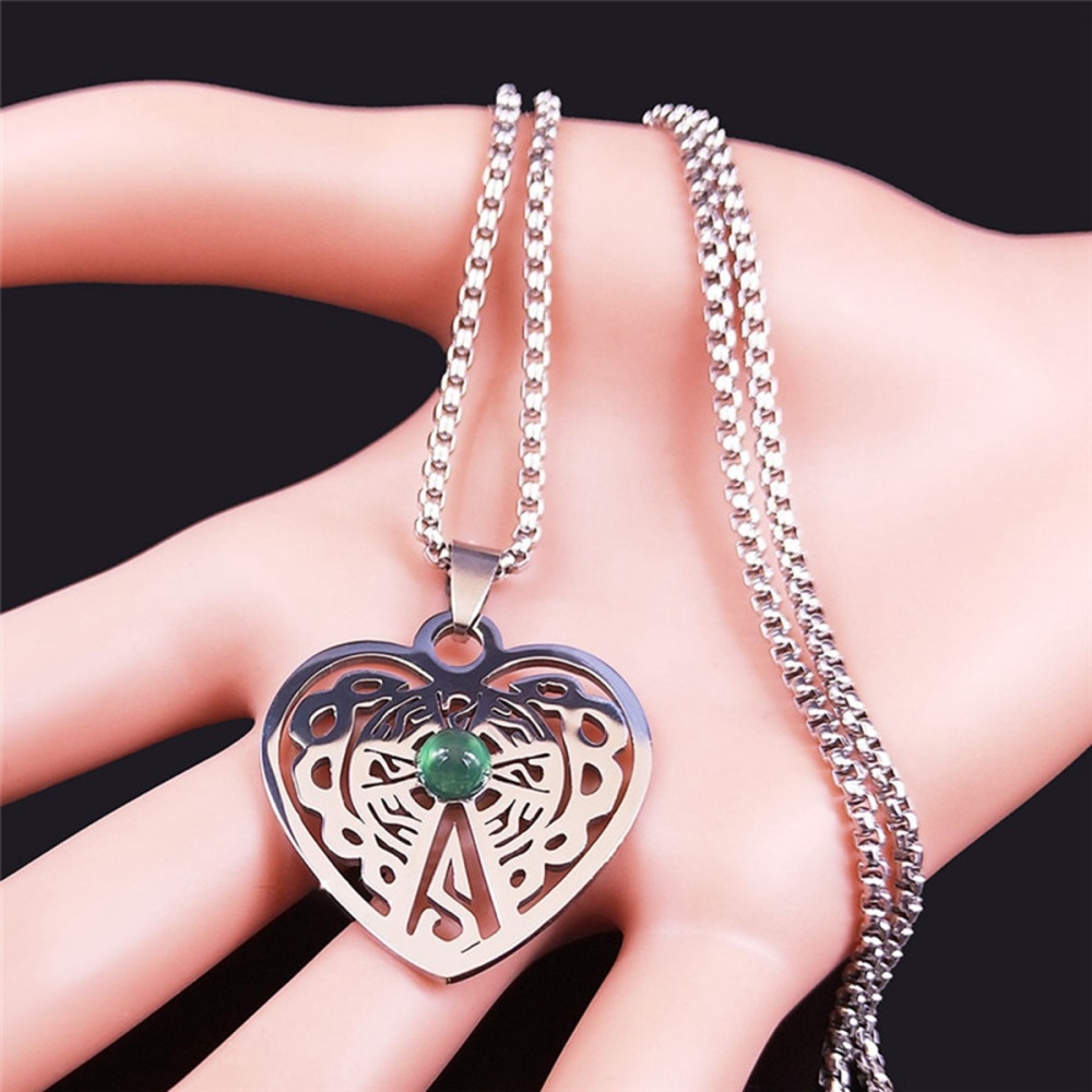 Heart Stainless Steel Necklace  Natural Gemstone Cabs Pendant With 50CM Chain