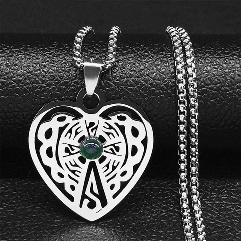 Heart Stainless Steel Necklace  Natural Gemstone Cabs Pendant With 50CM Chain