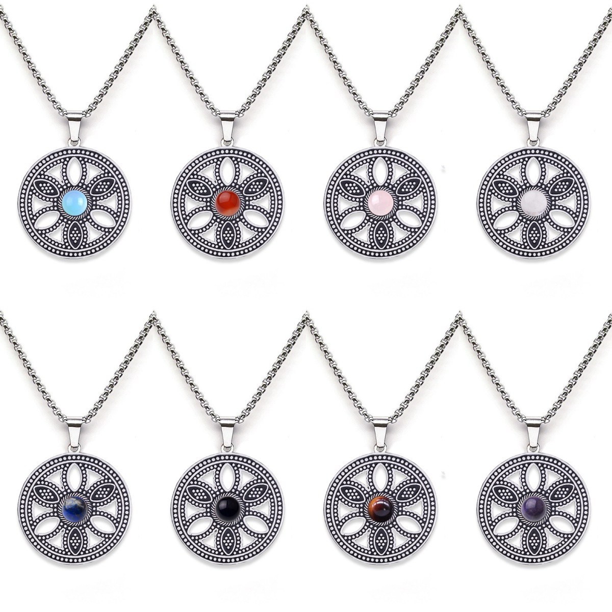 Hollow Round Flower Stainless Steel Necklace Natural Gemstone Cabs Pendant With 50CM Chain