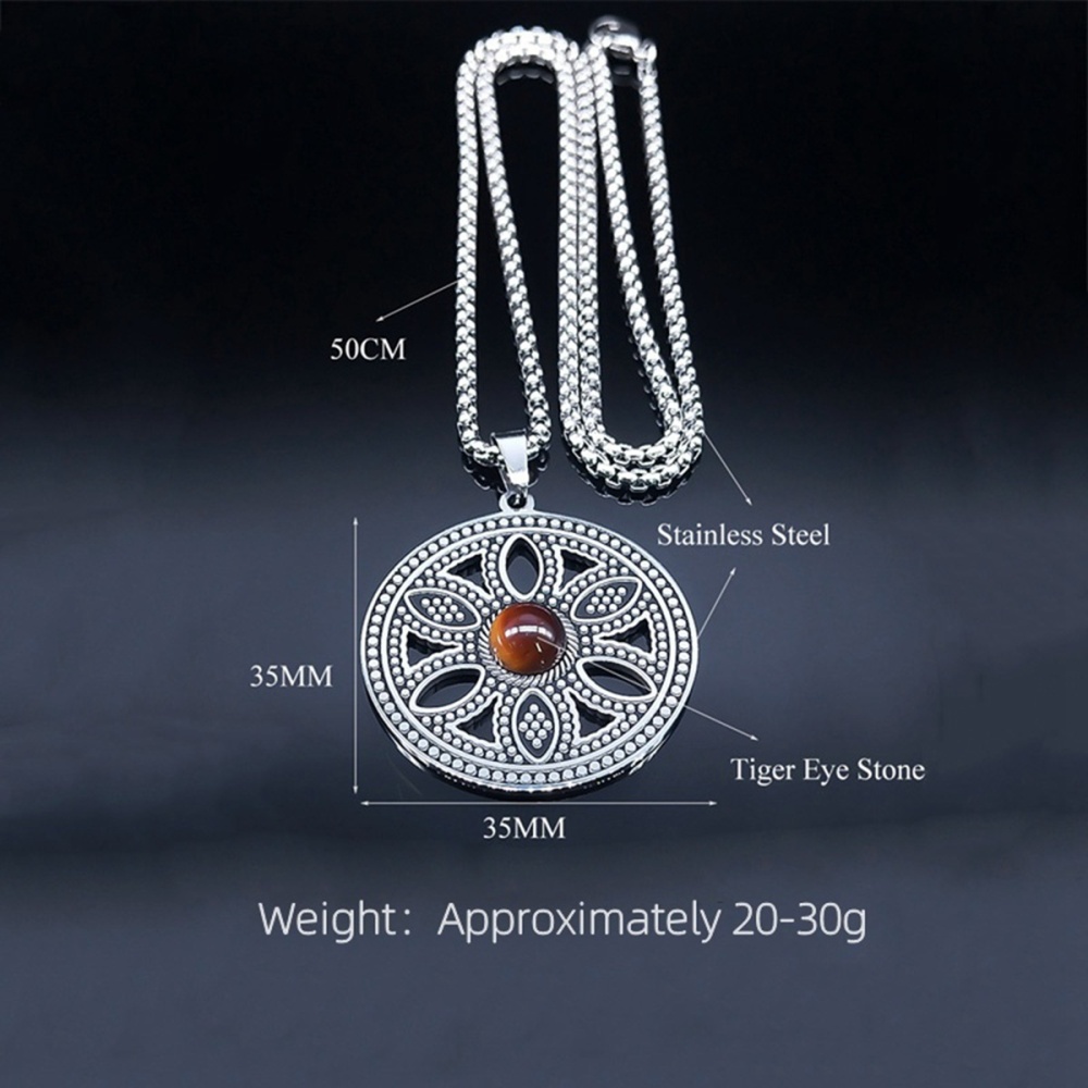 Hollow Round Flower Stainless Steel Necklace Natural Gemstone Cabs Pendant With 50CM Chain