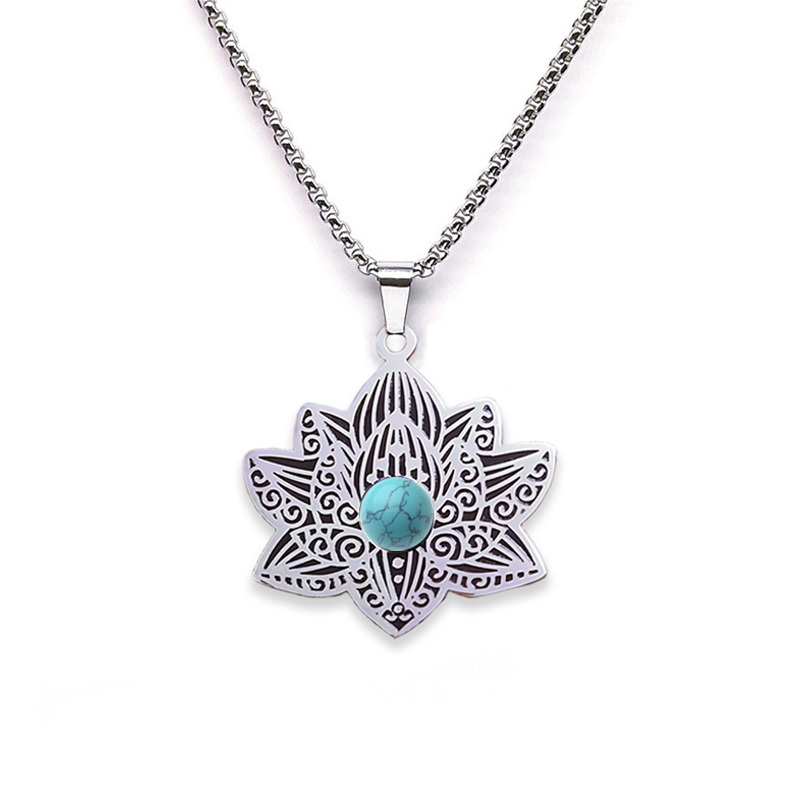 Stainless Steel Lotus Necklace Natural Gemstone Cabs Pendant With 50CM Chain