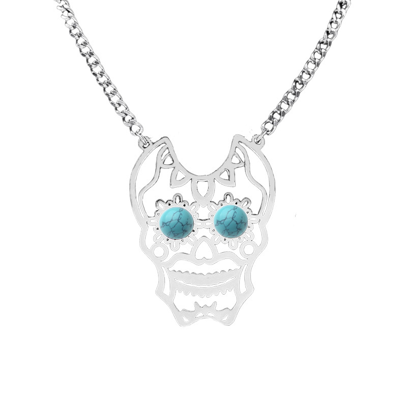 Stainless Steel Hollow Skull Necklace Natural Gemstone Cabs Pendant With 50CM Chain