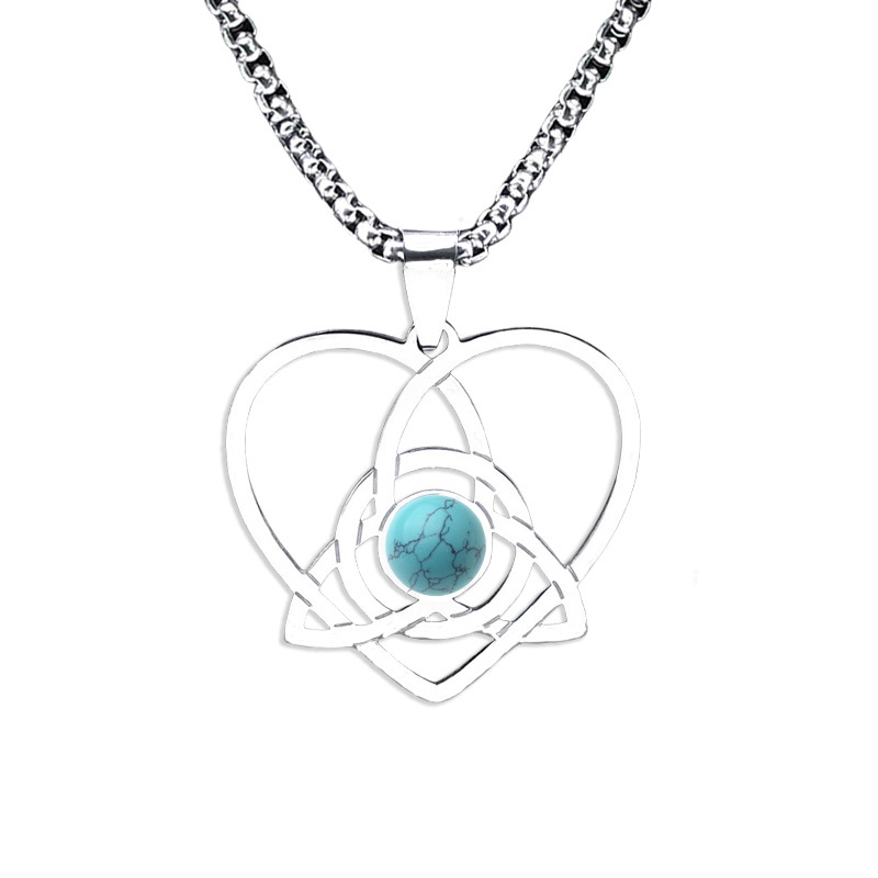 Stainless Steel Heart Necklace Natural Gemstone Cabs Pendant With 50CM Chain