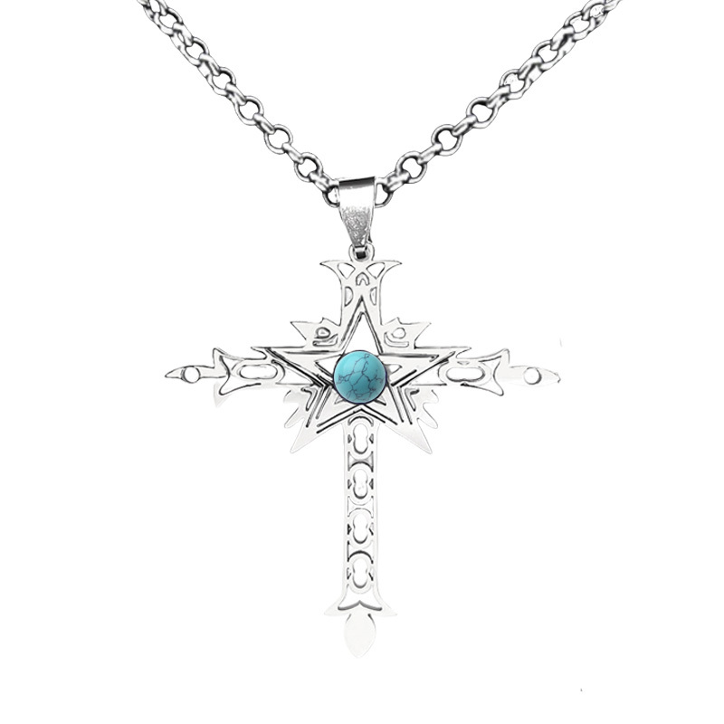 Stainless Steel Cross Necklace Natural Gemstone Cabs Pendant With 50CM Chain