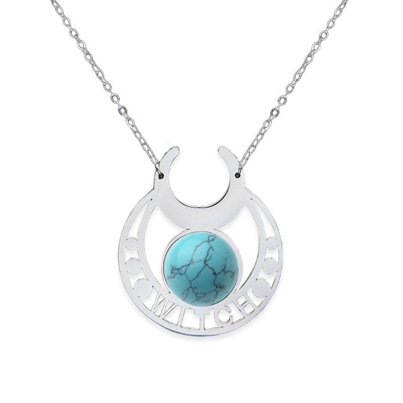 Stainless Steel Moon Necklace Natural Gemstone Cabs Pendant With 50CM Chain