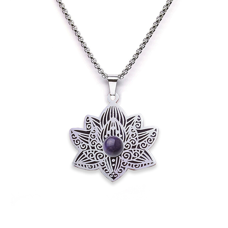 Stainless Steel Lotus Necklace Natural Gemstone Cabs Pendant With 50CM Chain