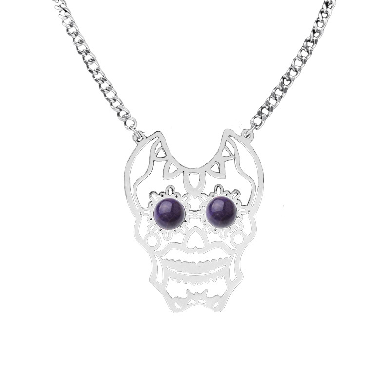 Stainless Steel Hollow Skull Necklace Natural Gemstone Cabs Pendant With 50CM Chain