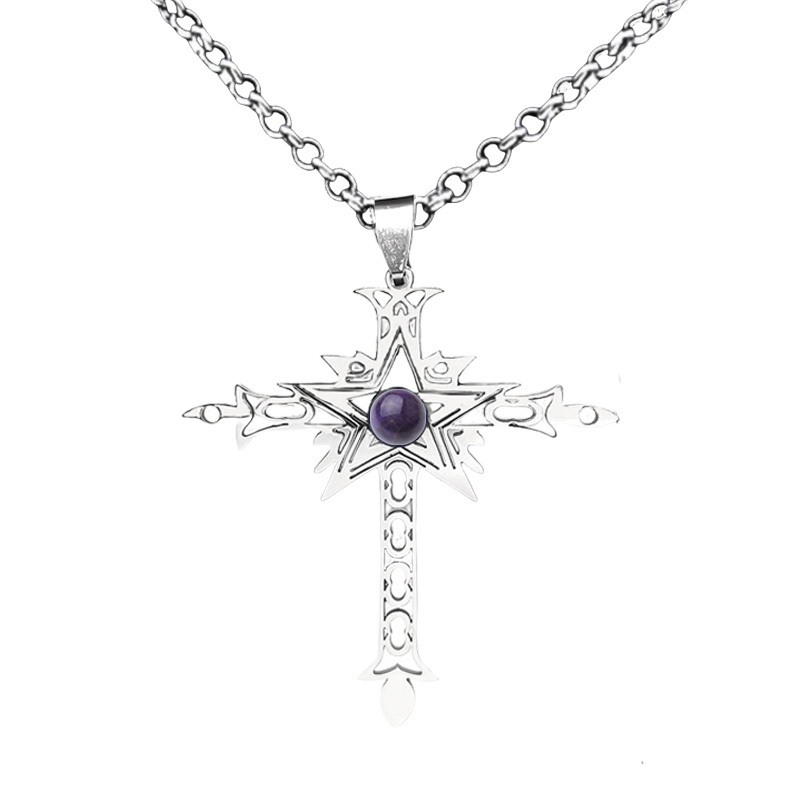 Stainless Steel Cross Necklace Natural Gemstone Cabs Pendant With 50CM Chain