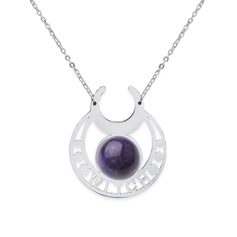 Stainless Steel Moon Necklace Natural Gemstone Cabs Pendant With 50CM Chain