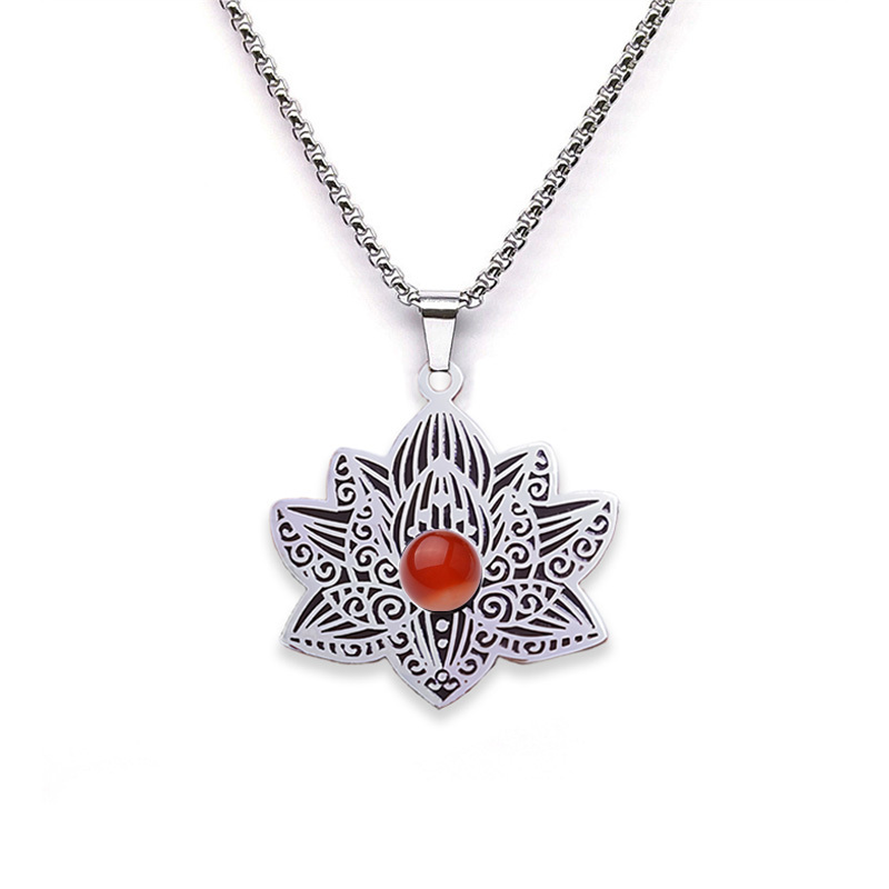 Stainless Steel Lotus Necklace Natural Gemstone Cabs Pendant With 50CM Chain