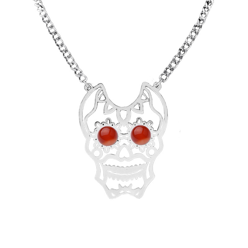 Stainless Steel Hollow Skull Necklace Natural Gemstone Cabs Pendant With 50CM Chain