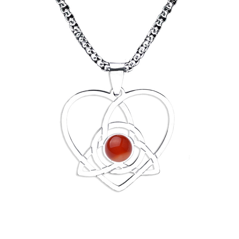Stainless Steel Heart Necklace Natural Gemstone Cabs Pendant With 50CM Chain