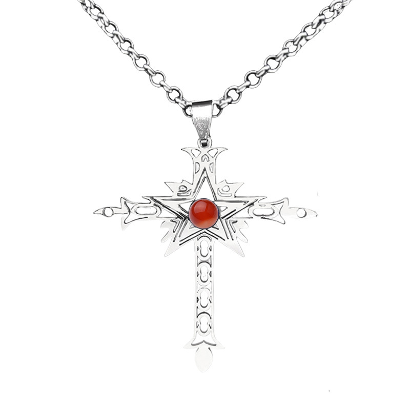 Stainless Steel Cross Necklace Natural Gemstone Cabs Pendant With 50CM Chain