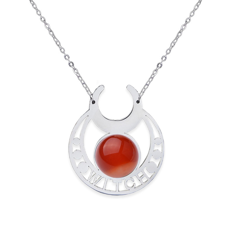 Stainless Steel Moon Necklace Natural Gemstone Cabs Pendant With 50CM Chain