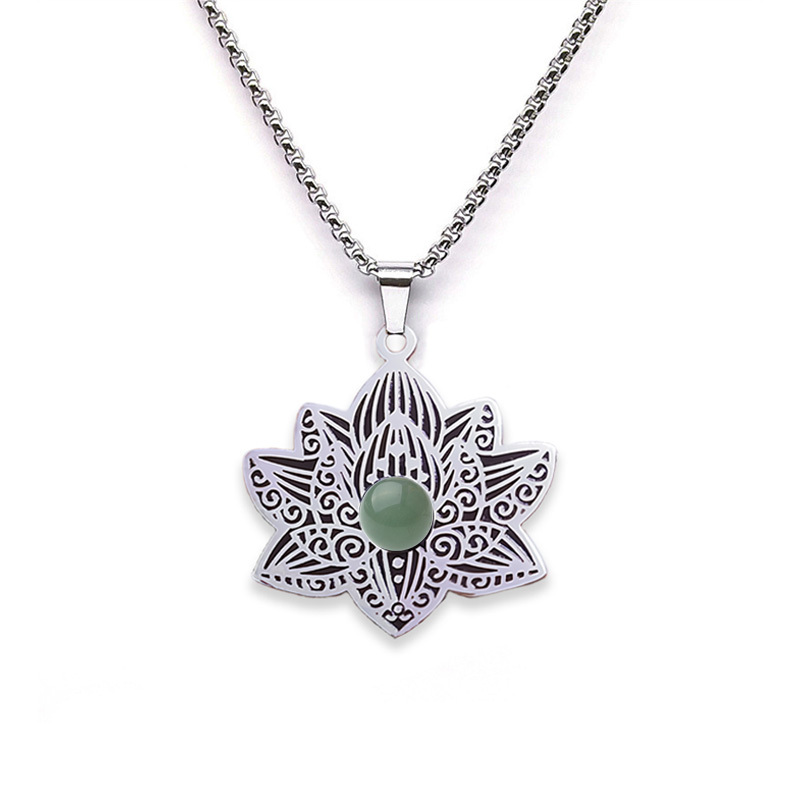 Stainless Steel Lotus Necklace Natural Gemstone Cabs Pendant With 50CM Chain