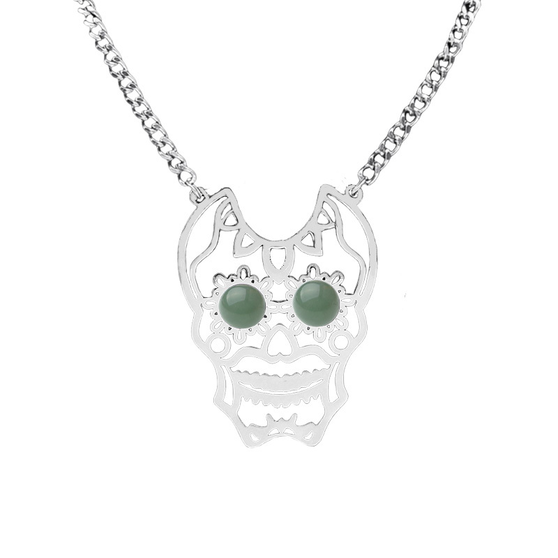 Stainless Steel Hollow Skull Necklace Natural Gemstone Cabs Pendant With 50CM Chain