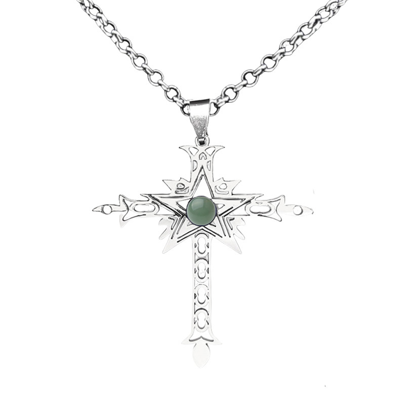 Stainless Steel Cross Necklace Natural Gemstone Cabs Pendant With 50CM Chain