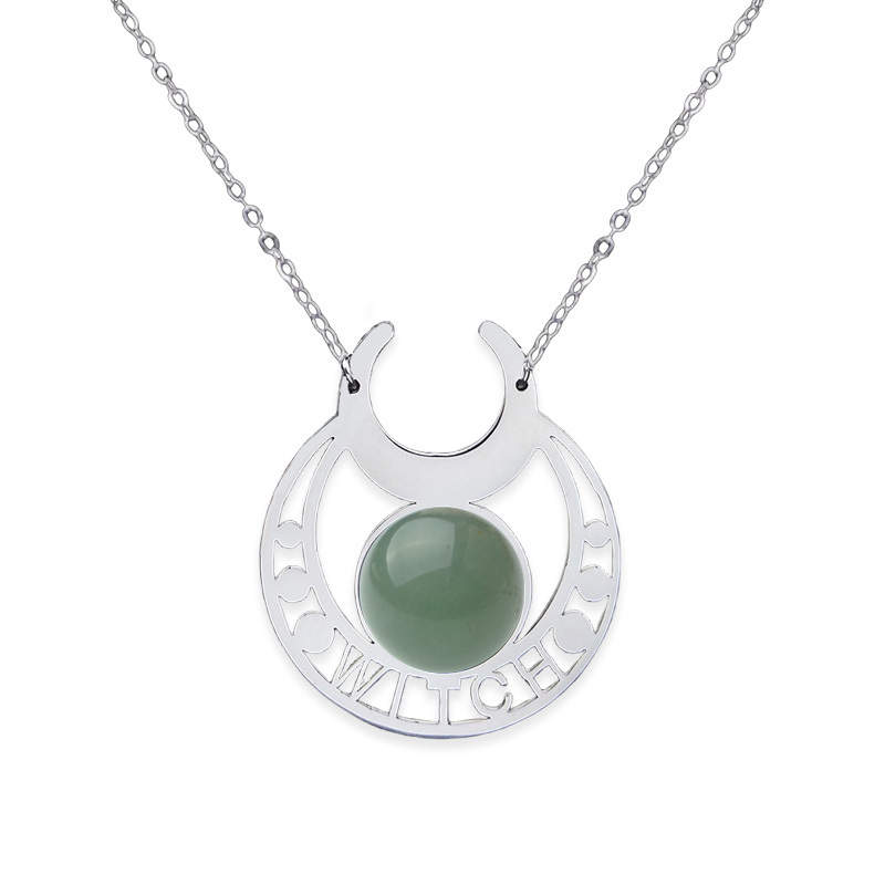 Stainless Steel Moon Necklace Natural Gemstone Cabs Pendant With 50CM Chain