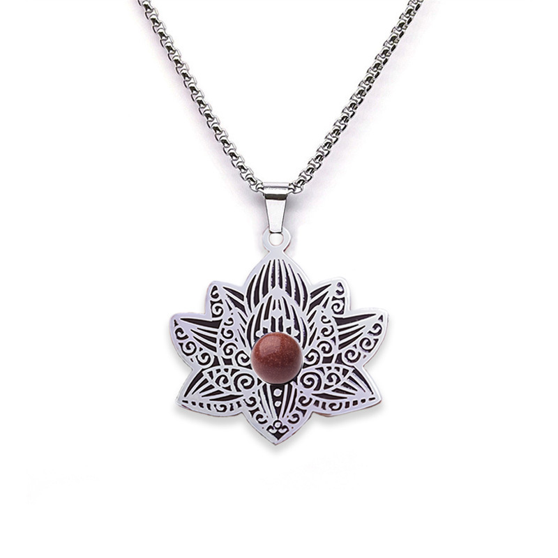 Stainless Steel Lotus Necklace Natural Gemstone Cabs Pendant With 50CM Chain