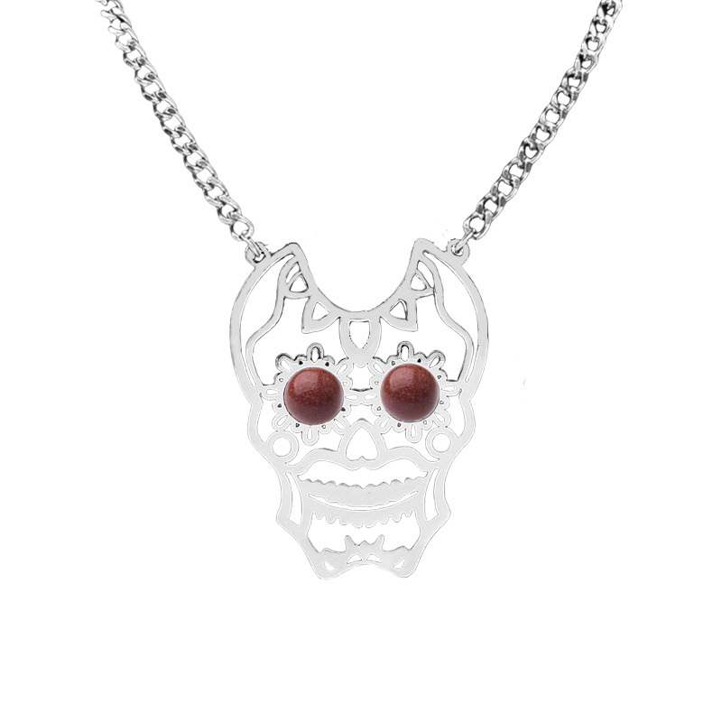 Stainless Steel Hollow Skull Necklace Natural Gemstone Cabs Pendant With 50CM Chain
