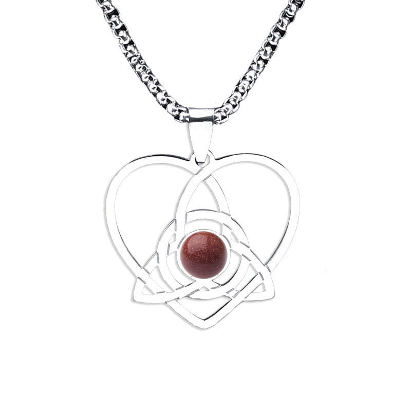 Stainless Steel Heart Necklace Natural Gemstone Cabs Pendant With 50CM Chain