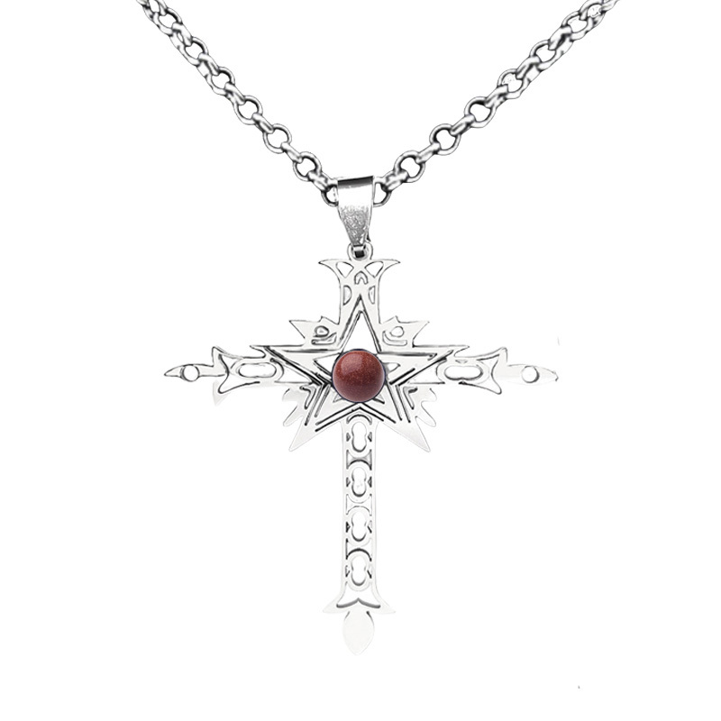 Stainless Steel Cross Necklace Natural Gemstone Cabs Pendant With 50CM Chain