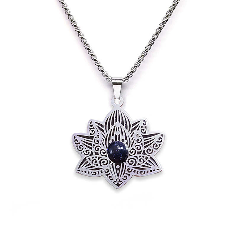 Stainless Steel Lotus Necklace Natural Gemstone Cabs Pendant With 50CM Chain