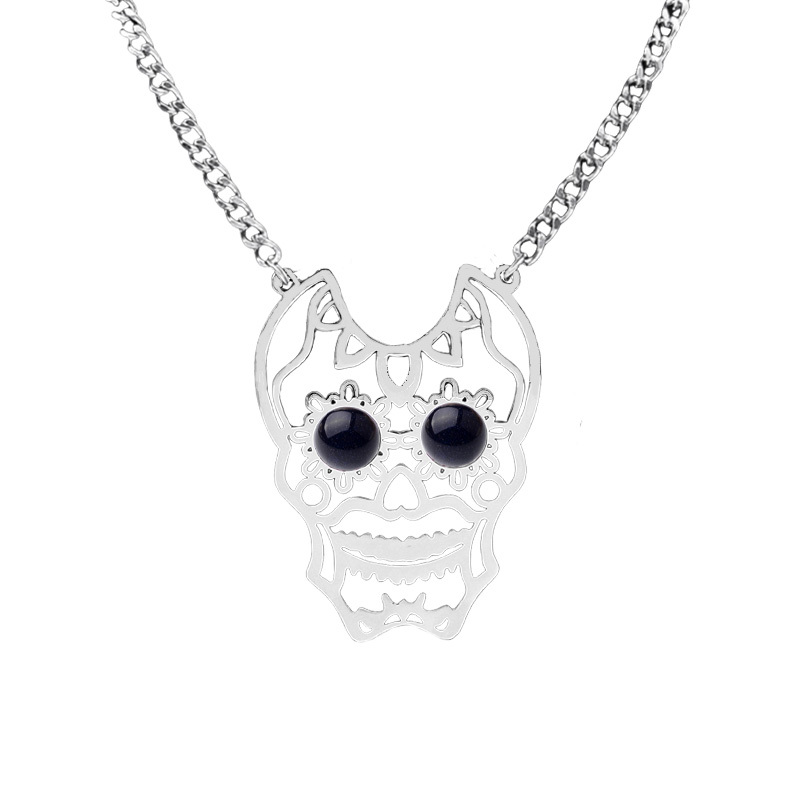 Stainless Steel Hollow Skull Necklace Natural Gemstone Cabs Pendant With 50CM Chain