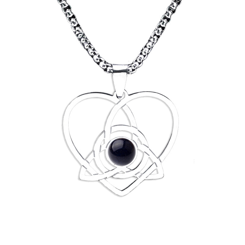 Stainless Steel Heart Necklace Natural Gemstone Cabs Pendant With 50CM Chain