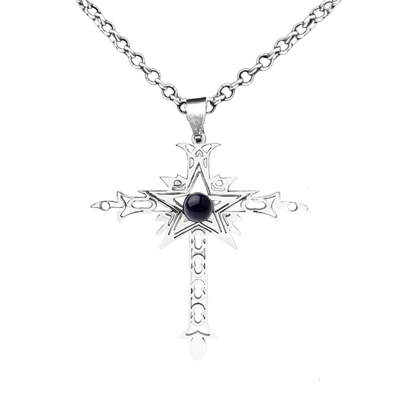 Stainless Steel Cross Necklace Natural Gemstone Cabs Pendant With 50CM Chain